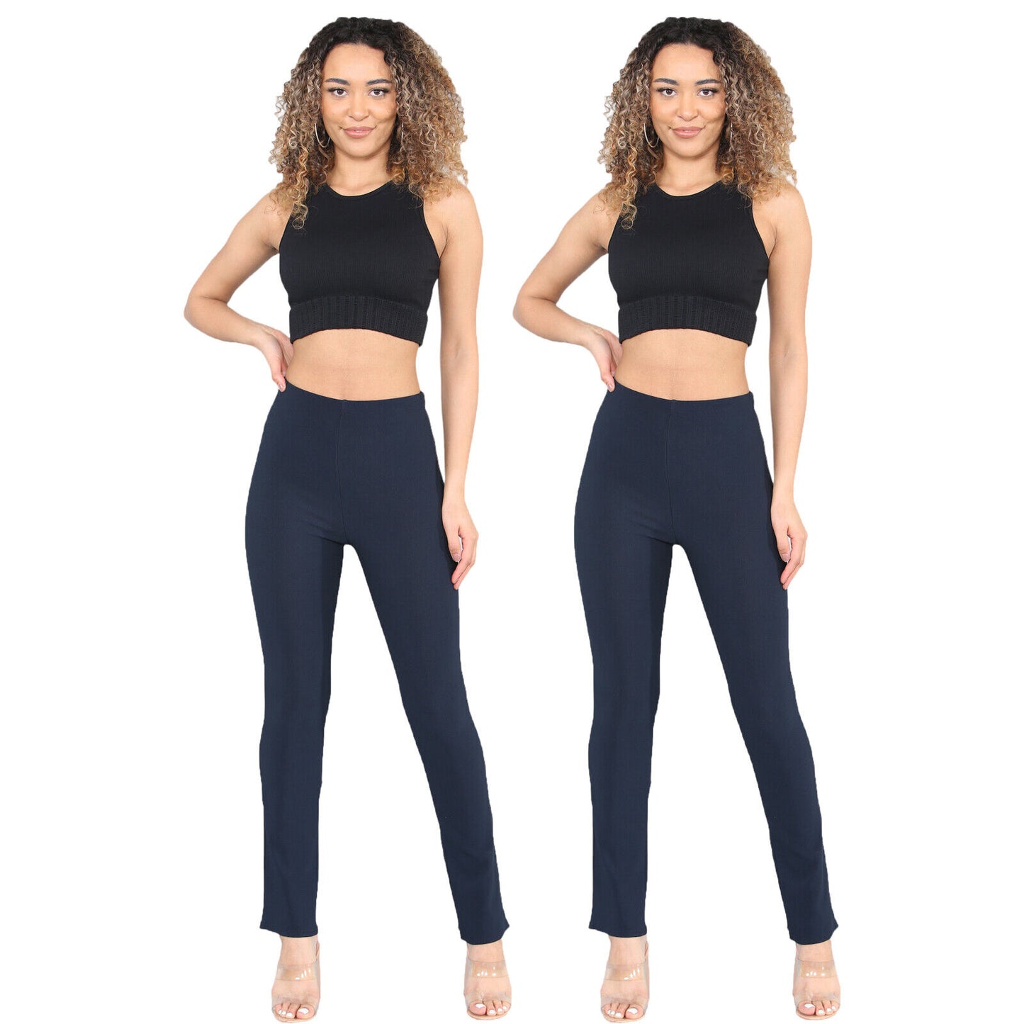 2 PACK WOMENS BOOTLEG TROUSERS LADIES BOOTCUT STRETCH FINELY RIBBED WORK BOTTOMS