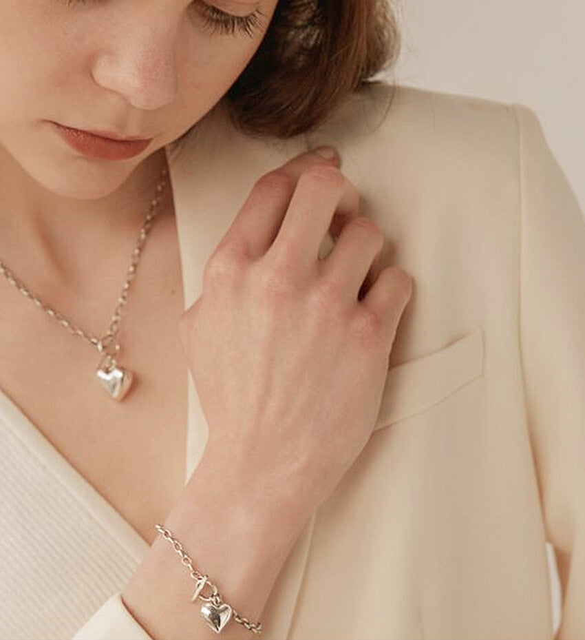 Heart Pendant 925 Sterling Silver Plated Chain Necklace Bracelet Women Jewellery